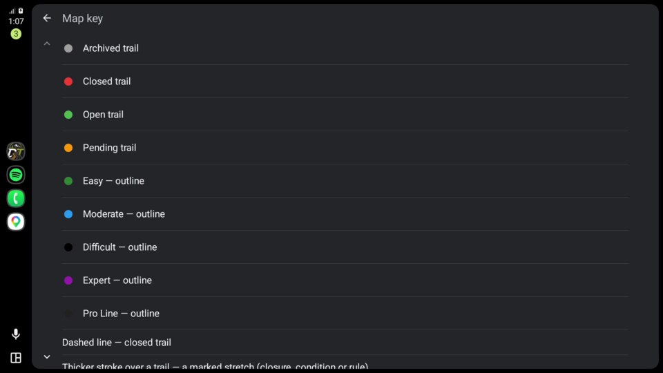 Android Auto map key explaining trail colors and markings
