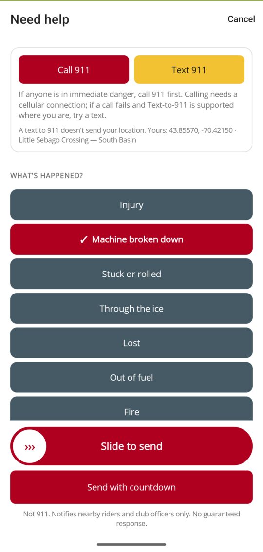 Need Help compose screen: Call 911 and Text 911 first, then What's happened with Machine broken down chosen, what somebody should bring, who the request will reach, and a slide-to-send control