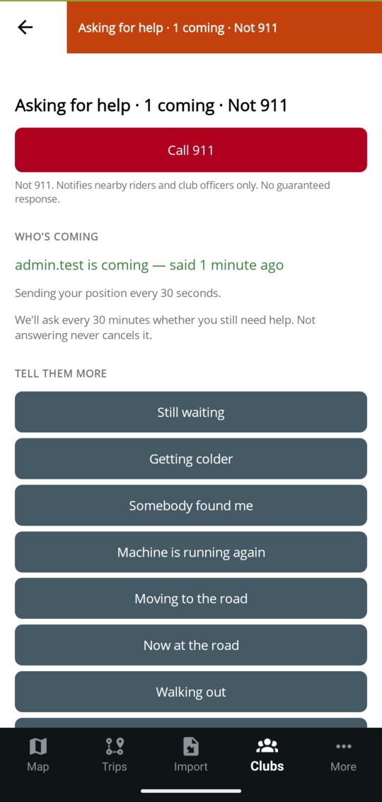 The rider's own open request: one-tap updates, who is coming, and End request
