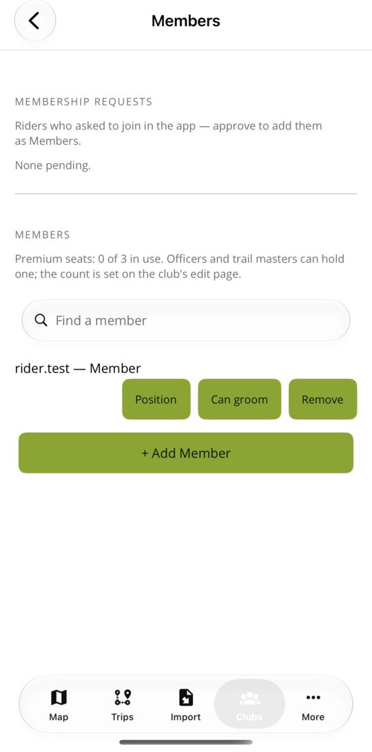 The club members page as an officer sees it, listing the roster with ranks