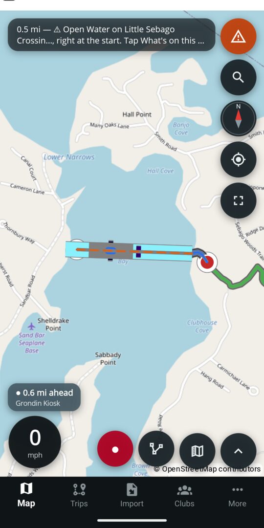 A planned route that could not cross a blocked stretch: the open part drawn on the map and the explanation naming the trail that stopped it