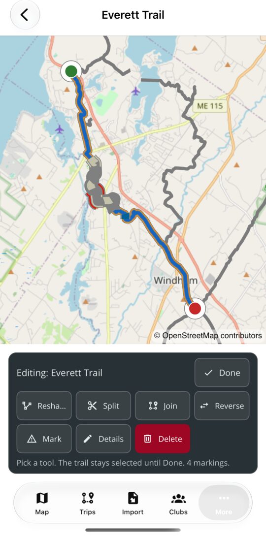 The system work page with a trail picked and the tool card open over the map: Reshape, Split, Join, Reverse, Mark, Details and Delete