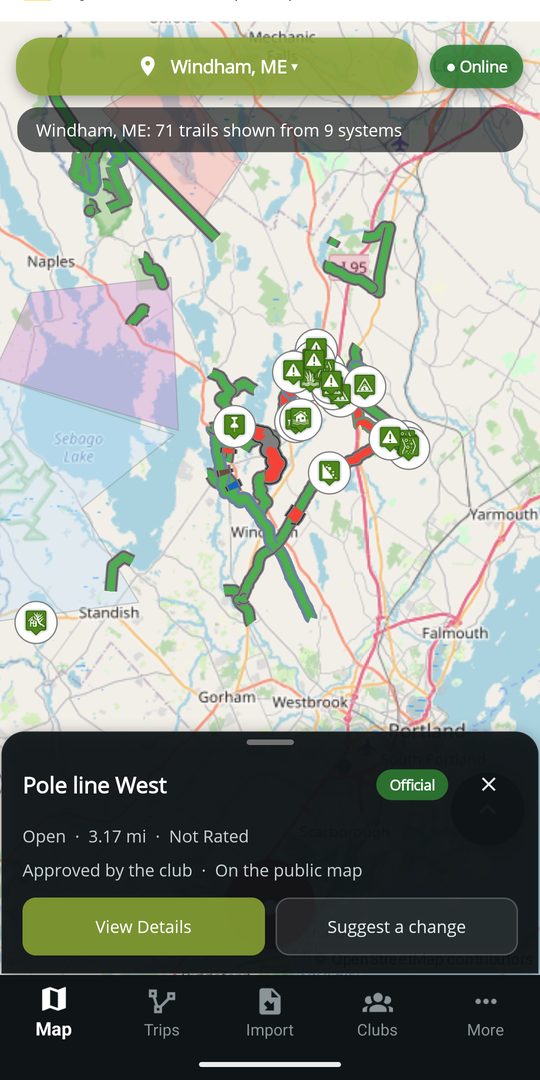 A trail card showing Pole line West, open, 3.17 miles, approved by the club and on the public map